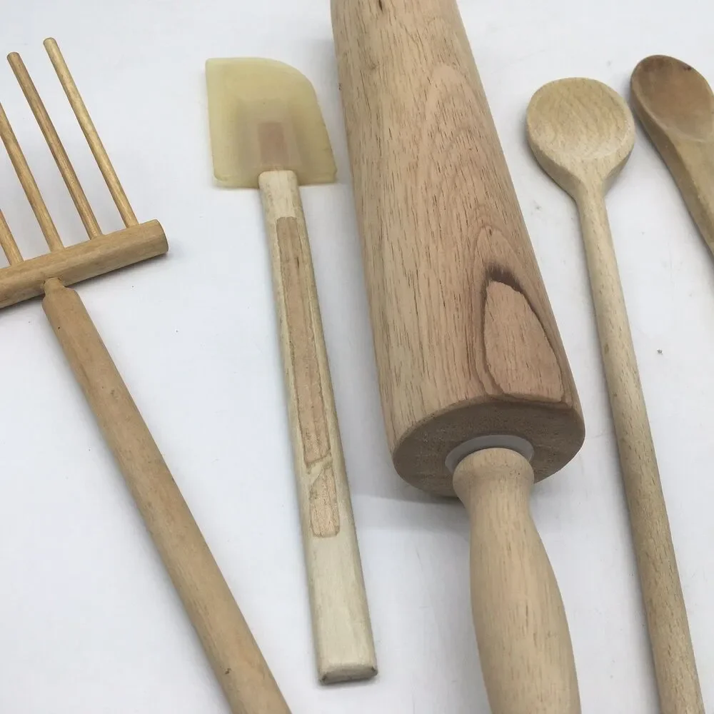 Vtg Lot Of 9 Wooden Kitchen Utensils Fork Wooden spoon Spatula Rolling Pin